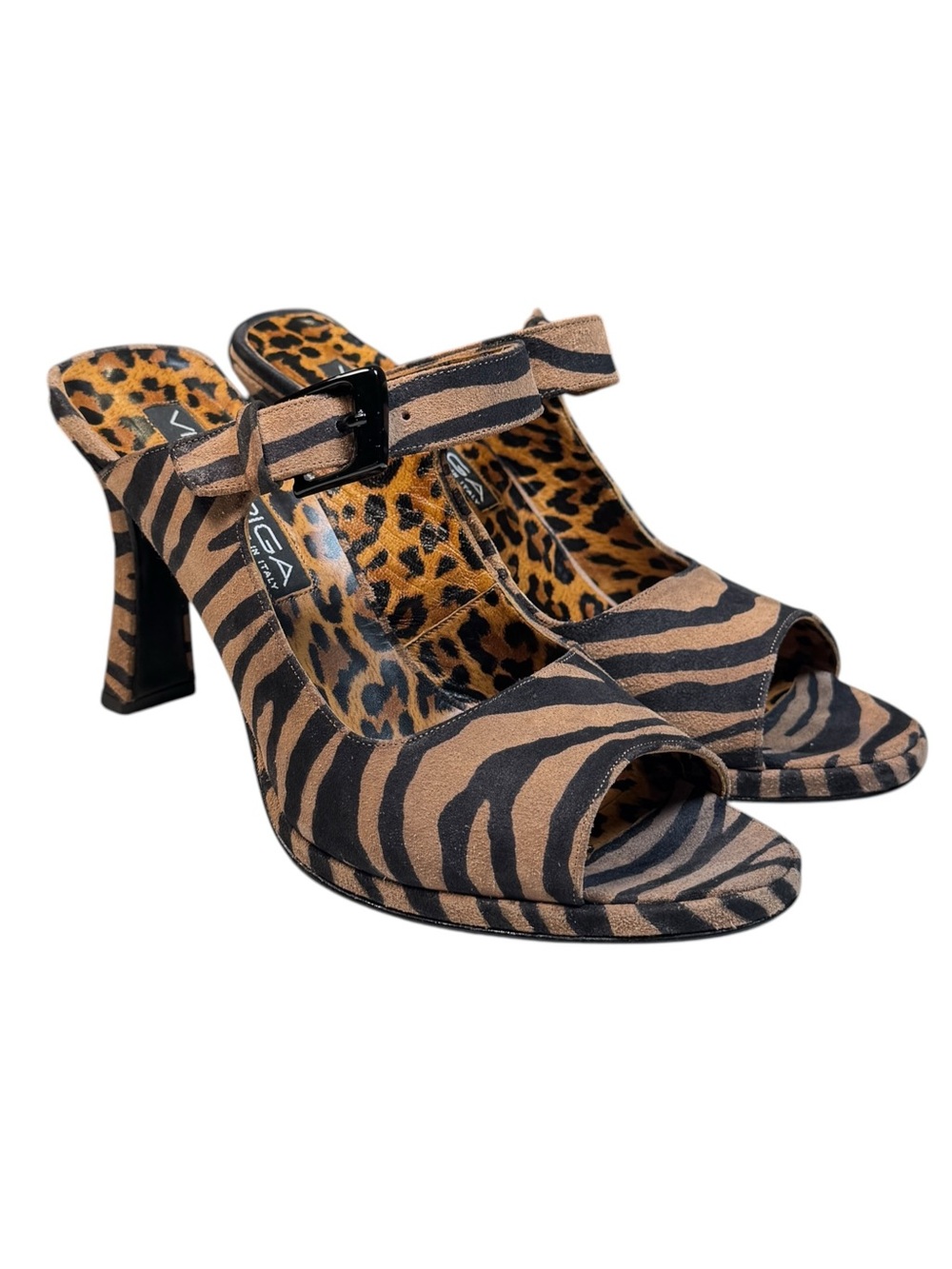Vintage Y2K Via Spiga Tiger Print Suede Thick Heel Sandals Heels Strap Italy 8 M